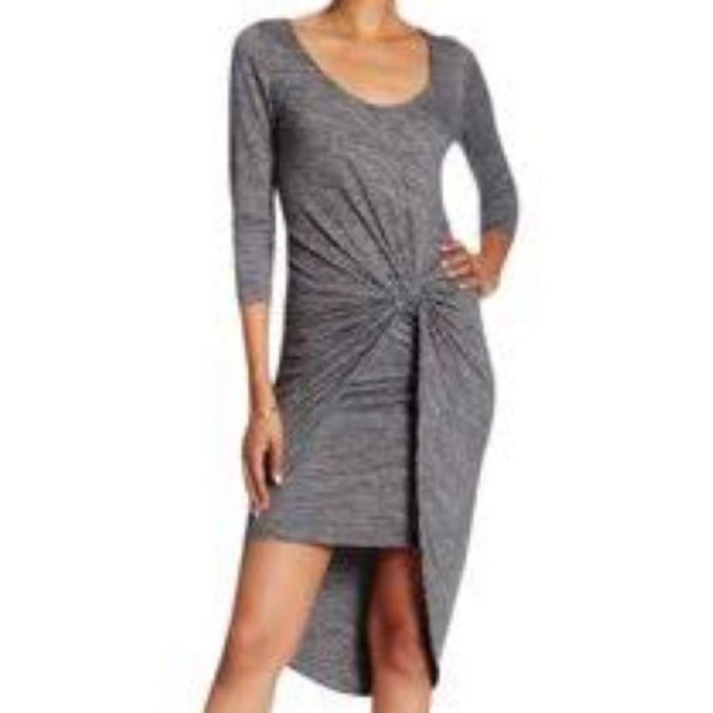 THE VANITY ROOM Dress Dark Heather Gray Stretch Bodycon High/Low 3/4 Sleeve